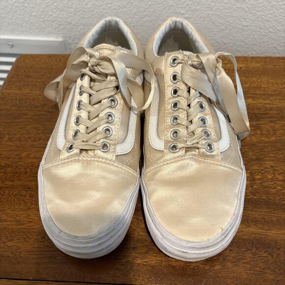 Vans Old Skool Shoes Women 9.5 Ballet Pink Champagne Satin Ribbon Laces Skate - Picture 2 of 10